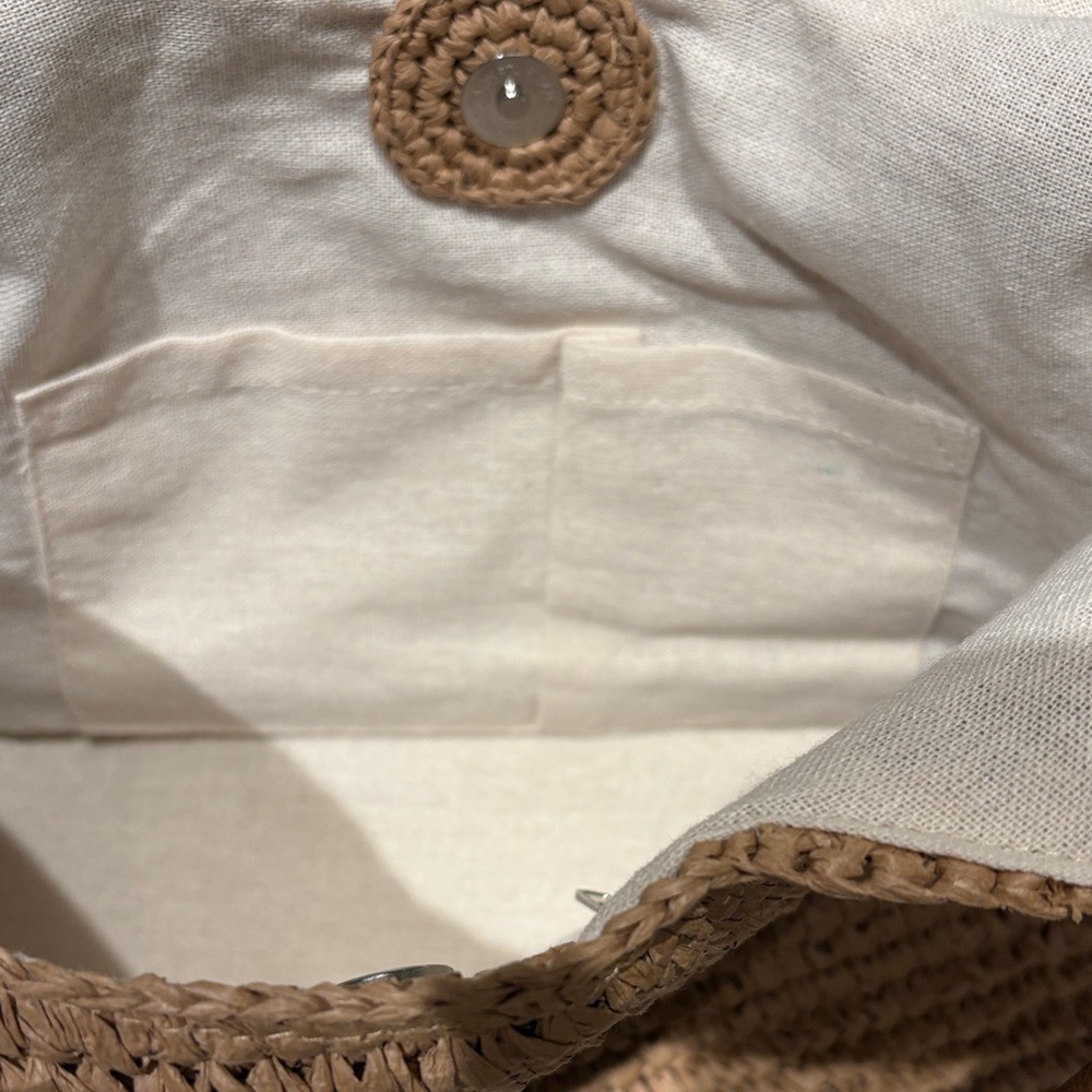 NWT Tommy Bahama Tan Woven Shoulder Bag with Brown Leather Handle - Picture 5 of 8